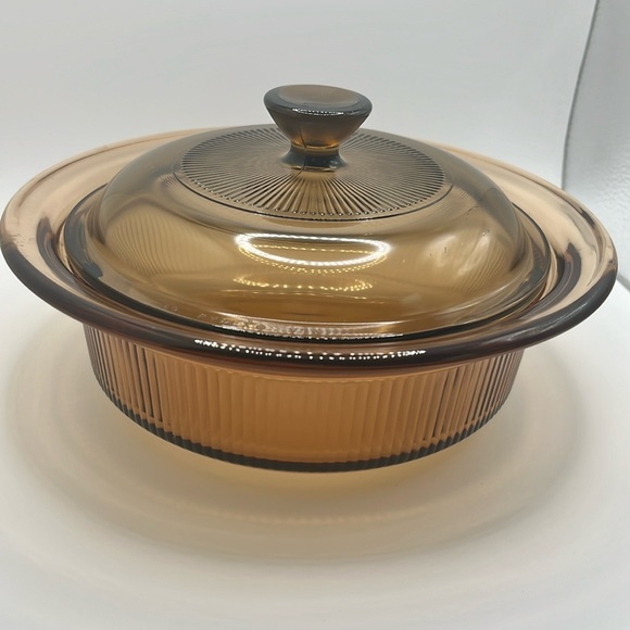 Pyrex Other - Vision Ware Corning Amber Ribbed Casserole Dish W/Pyrex Lid VTG